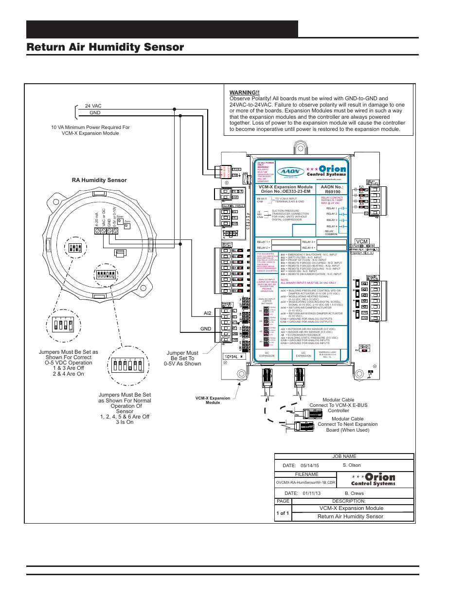 Vcm-x expansion module wiring, Return air humidity sensor, Vcm-x component & systems wiring 50 | Vcm-x expansion module return air humidity sensor | Orion System VCM-X E-BUS Component User Manual | Page 50 / 128