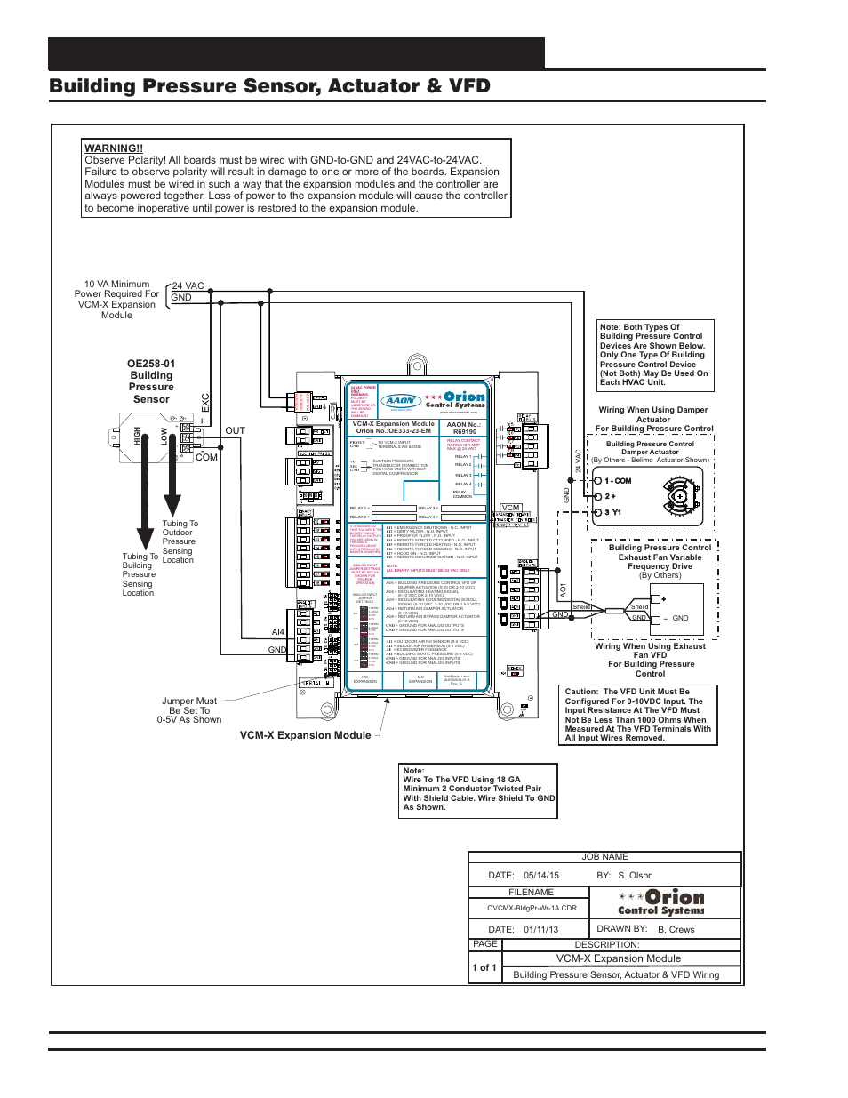 Vcm-x expansion module wiring, Building pressure sensor, actuator & vfd, Vcm-x component & systems wiring 52 | Vcm-x expansion module, Jumper must be set to 0-5v as shown 24 vac gnd, Ai4 gnd | Orion System VCM-X E-BUS Component User Manual | Page 52 / 128