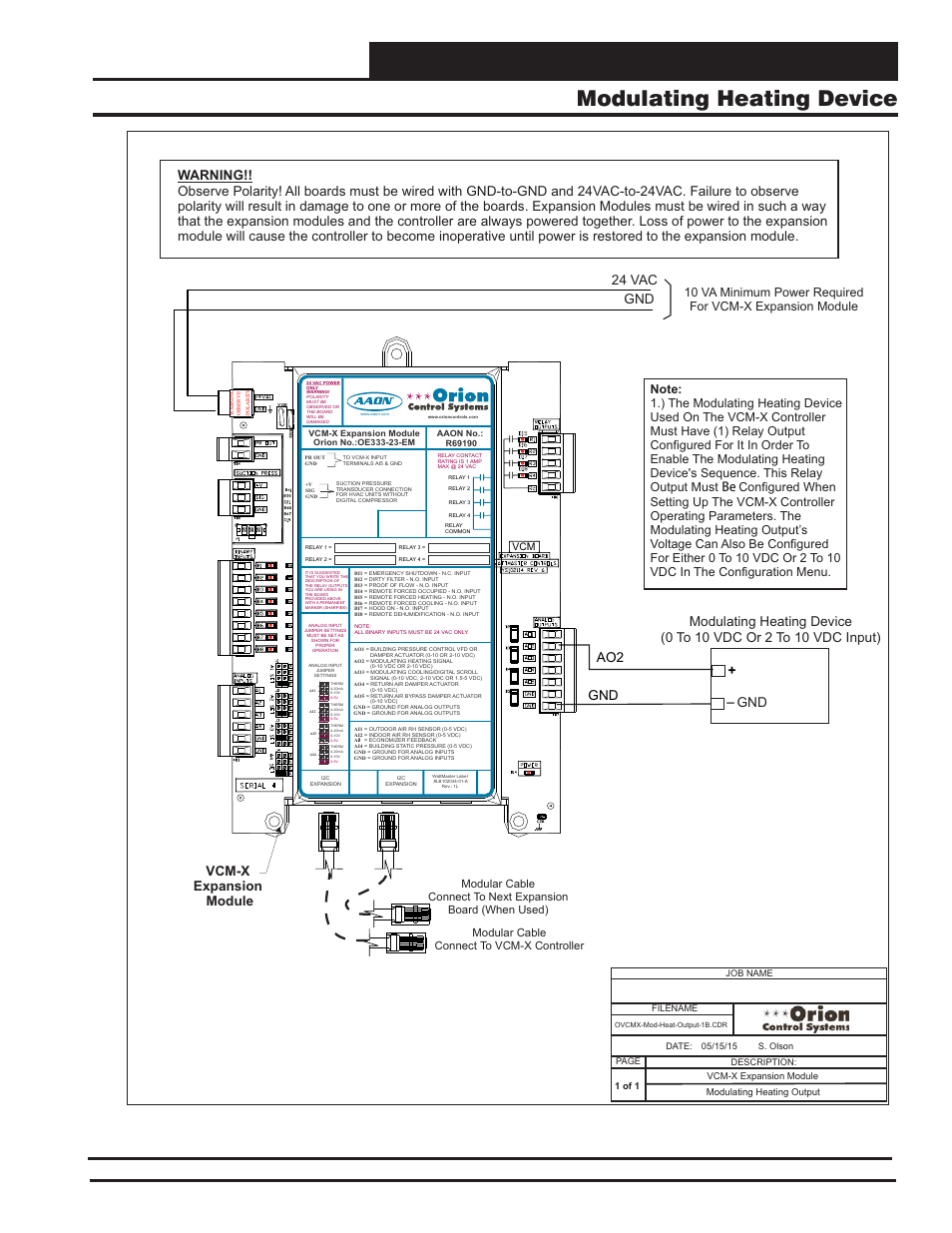 Vcm-x expansion module wiring, Modulating heating device, Vcm-x component & systems wiring | Figure 34: modulating heating device wiring, Ao2 gnd, 24 vac gnd, Vcm-x expansion module | Orion System VCM-X E-BUS Component User Manual | Page 53 / 128