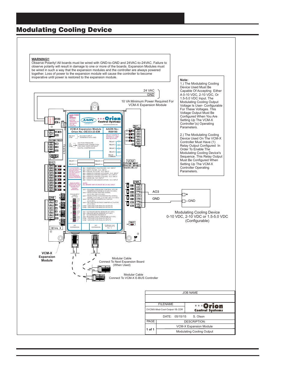 Vcm-x expansion module wiring, Modulating cooling device, Vcm-x component & systems wiring 54 | Figure 35: modulating cooling device wiring, Ao3 gnd, 1 of 1, Vcm-x expansion module modulating cooling output, Filename date: s. olson description: page job name | Orion System VCM-X E-BUS Component User Manual | Page 54 / 128