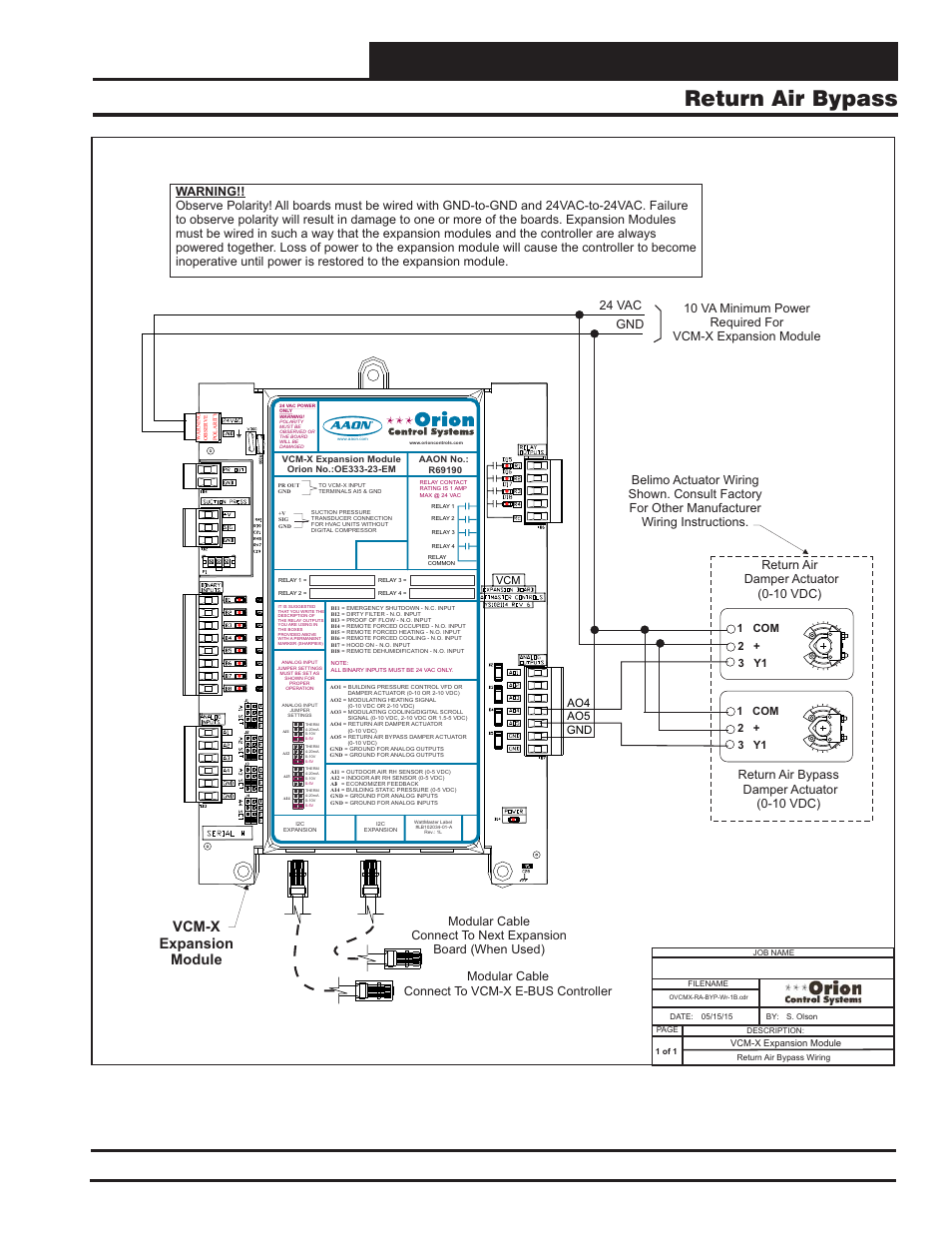 Vcm-x expansion module wiring, Return air bypass, Vcm-x component & systems wiring | Figure 36: return air bypass wiring, Vcm-x expansion module, Ao5 ao4 gnd, 3 y1 | Orion System VCM-X E-BUS Component User Manual | Page 55 / 128