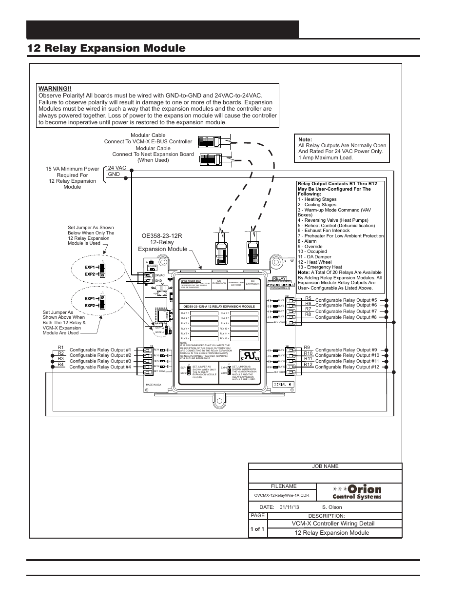 Vcm-x expansion module wiring, 12 relay expansion module, Vcm-x component & systems wiring 56 | Orion System VCM-X E-BUS Component User Manual | Page 56 / 128