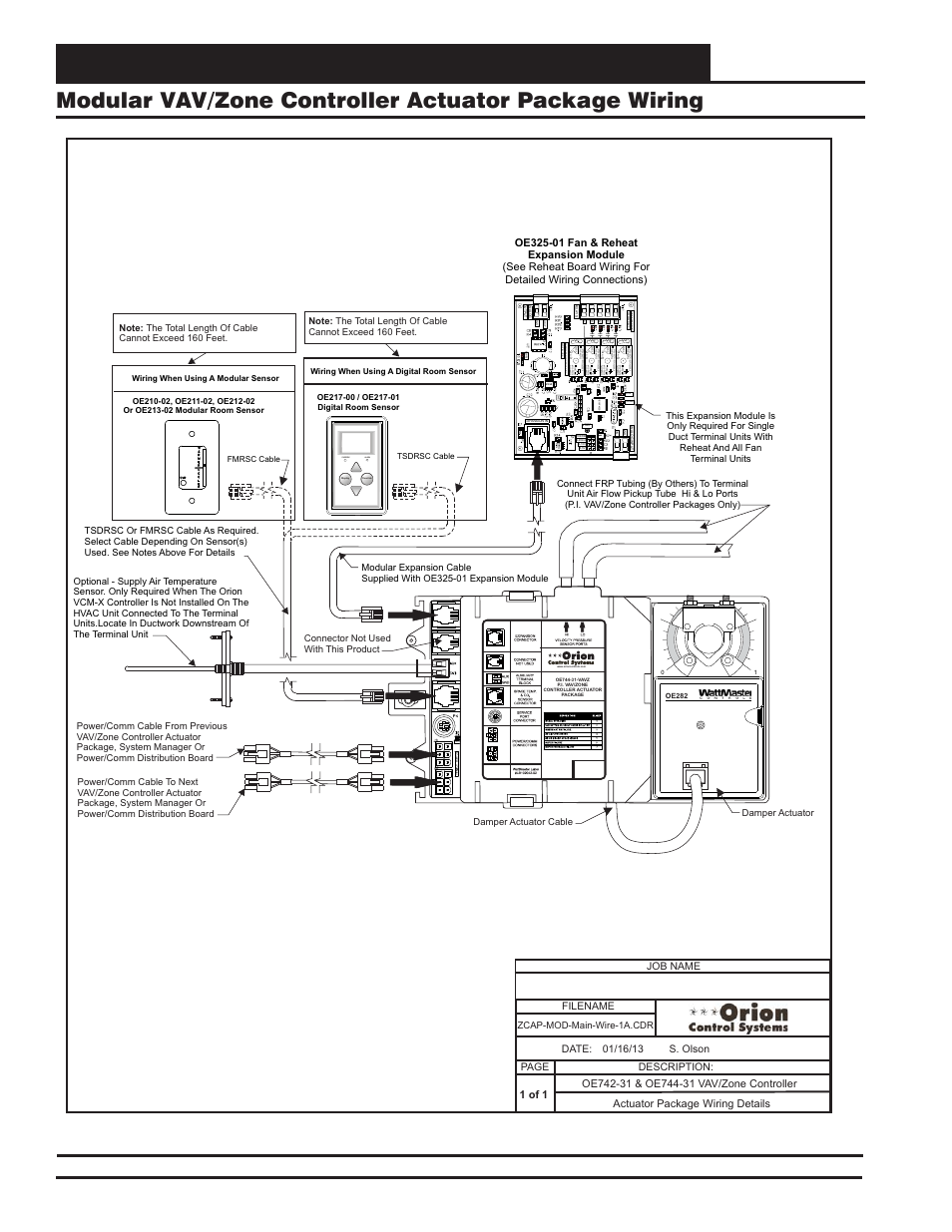 Modular & non-modular vav/zone controller wiring, Vcm-x component & systems wiring 60, Zone | Override alarm, Filename date: s. olson description: page job name, Zcap-mod-main-wire-1a.cdr, Fmrsc cable tsdrsc cable | Orion System VCM-X E-BUS Component User Manual | Page 60 / 128