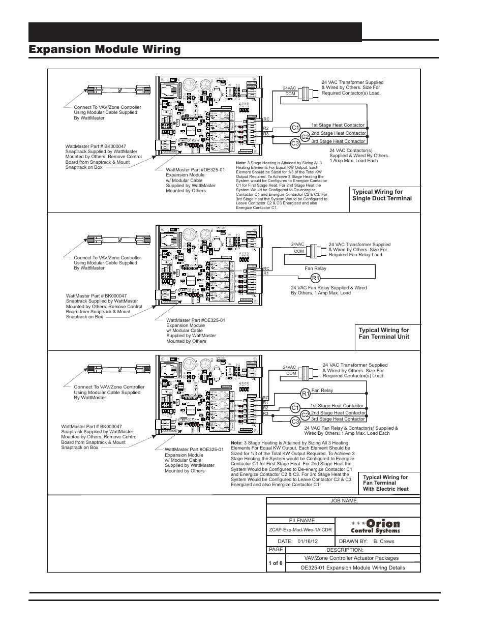 Modular & non-modular vav/zone controller wiring, Expansion module wiring, Vcm-x component & systems wiring 62 | Zone, R1 c1 c1 r1, Typical wiring for fan terminal with electric heat, Fan relay, 1st stage heat contactor, Zcap-exp-mod-wire-1a.cdr | Orion System VCM-X E-BUS Component User Manual | Page 62 / 128