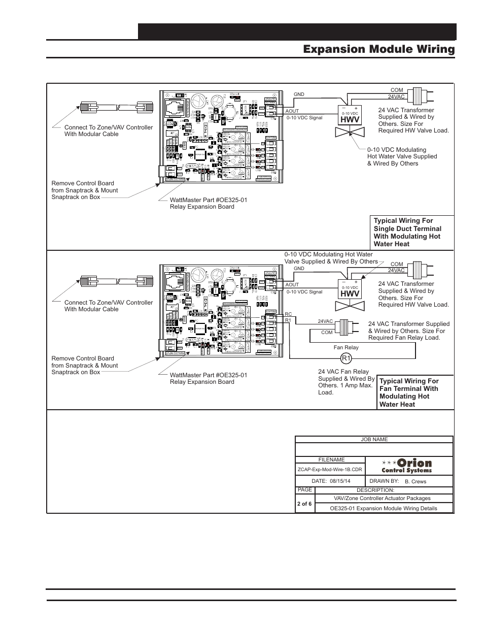 Modular & non-modular vav/zone controller wiring, Expansion module wiring, Vcm-x component & systems wiring | Fan relay, 24vac, Com com, Zcap-exp-mod-wire-1b.cdr, 10 vdc signal, 10 vdc signal 24vac com, Rc r1 gnd gnd aout aout | Orion System VCM-X E-BUS Component User Manual | Page 63 / 128