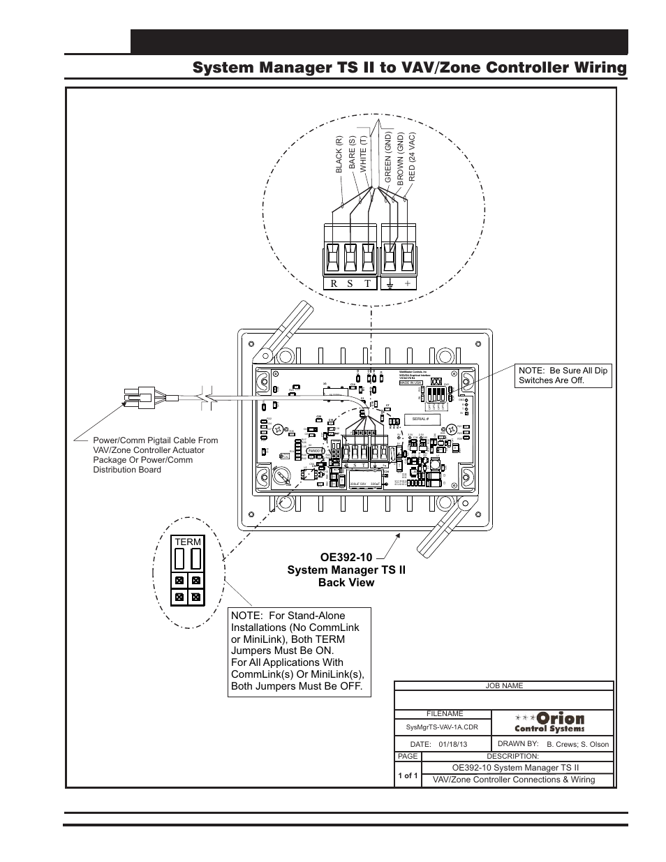 Communication devices, System manager ts ii to vav/zone controller wiring, Vcm-x component & systems wiring 75 | Ltc3824, Term, Vav/zone controller connections & wiring, 1 of 1, Sysmgrts-vav-1a.cdr | Orion System VCM-X E-BUS Component User Manual | Page 75 / 128