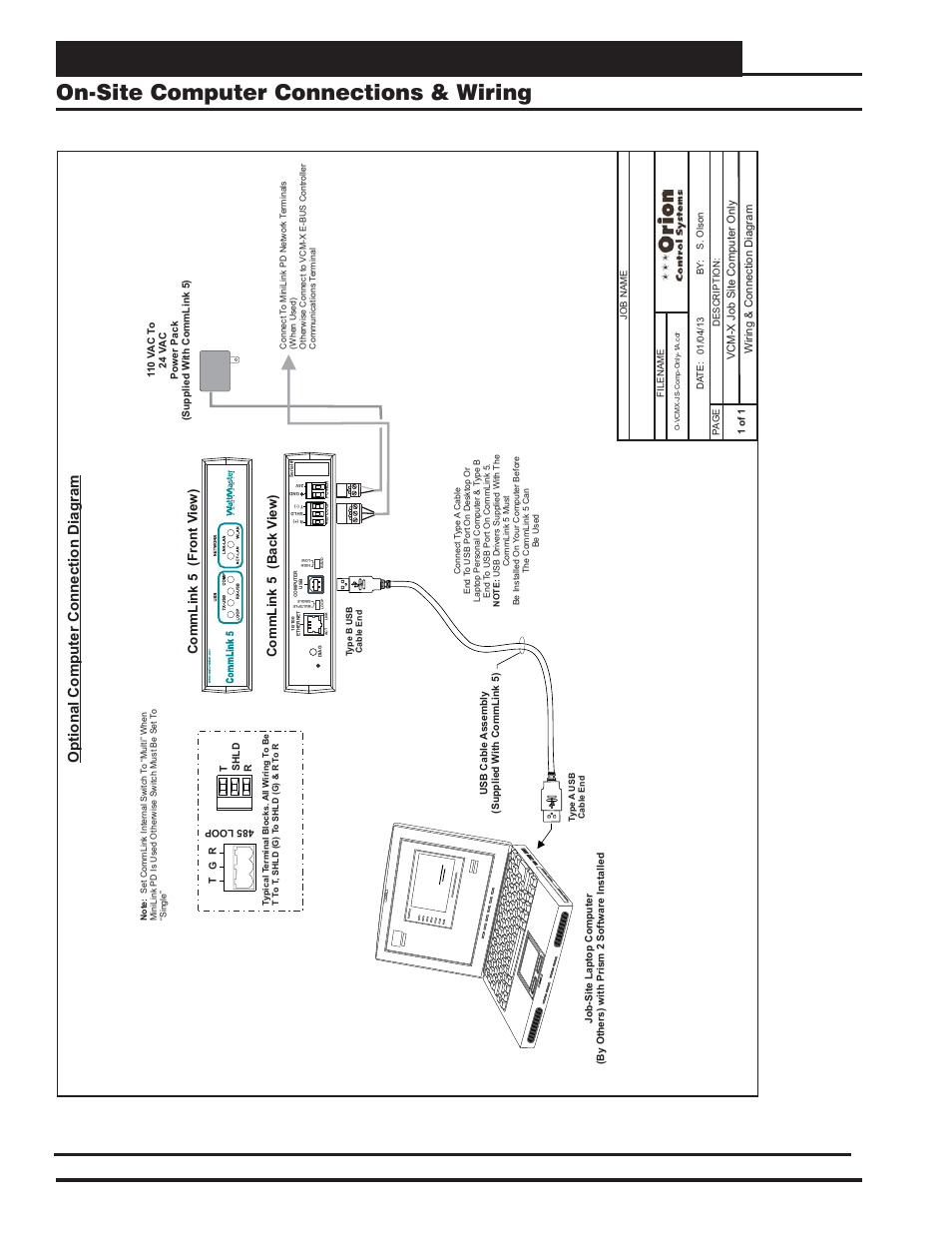 Communication devices, On-site computer connections & wiring, Vcm-x component & systems wiring 78 | Optional computer connection diagram, Figure 56: on-site computer connection, Front v iew) commlink 5, Back v iew) commlink 5 | Orion System VCM-X E-BUS Component User Manual | Page 78 / 128