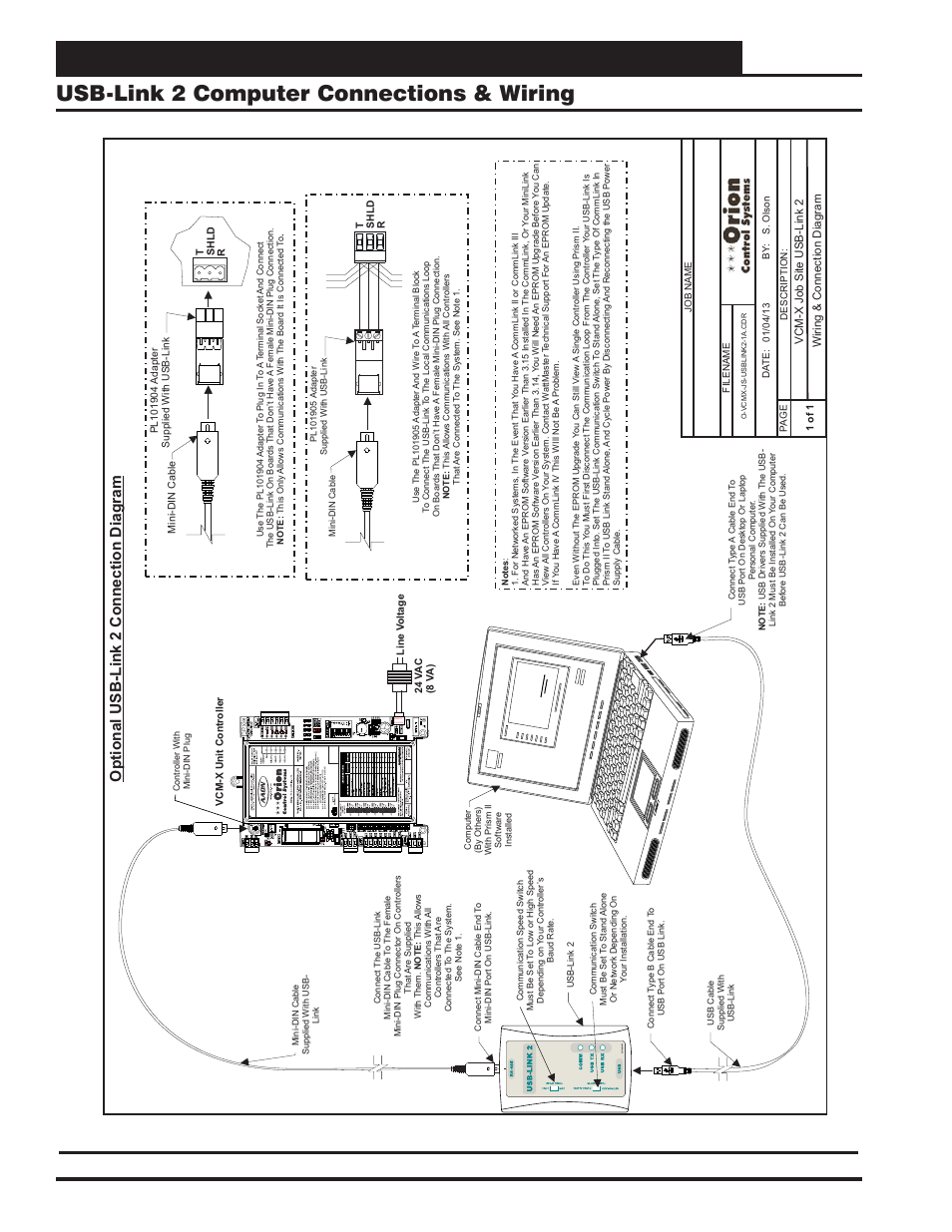 Communication devices, Usb-link 2 computer connections & wiring, Vcm-x component & systems wiring 80 | Optional usb-link 2 connection diagram, Figure 58: computer connections using usb-link 2, Warning observe polarity | Orion System VCM-X E-BUS Component User Manual | Page 80 / 128