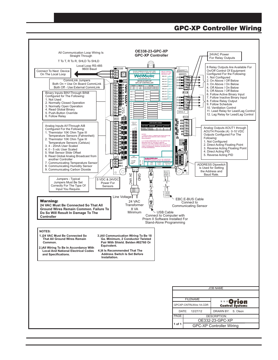 Add-on devices gpc-xp controller wiring, Vcm-x component & systems wiring 89, Ao ut 1 -2 | Gpc-xp controller wiring, Warning, Line voltage, All communication loop wiring is straight through, 1 of 1 | Orion System VCM-X E-BUS Component User Manual | Page 89 / 128