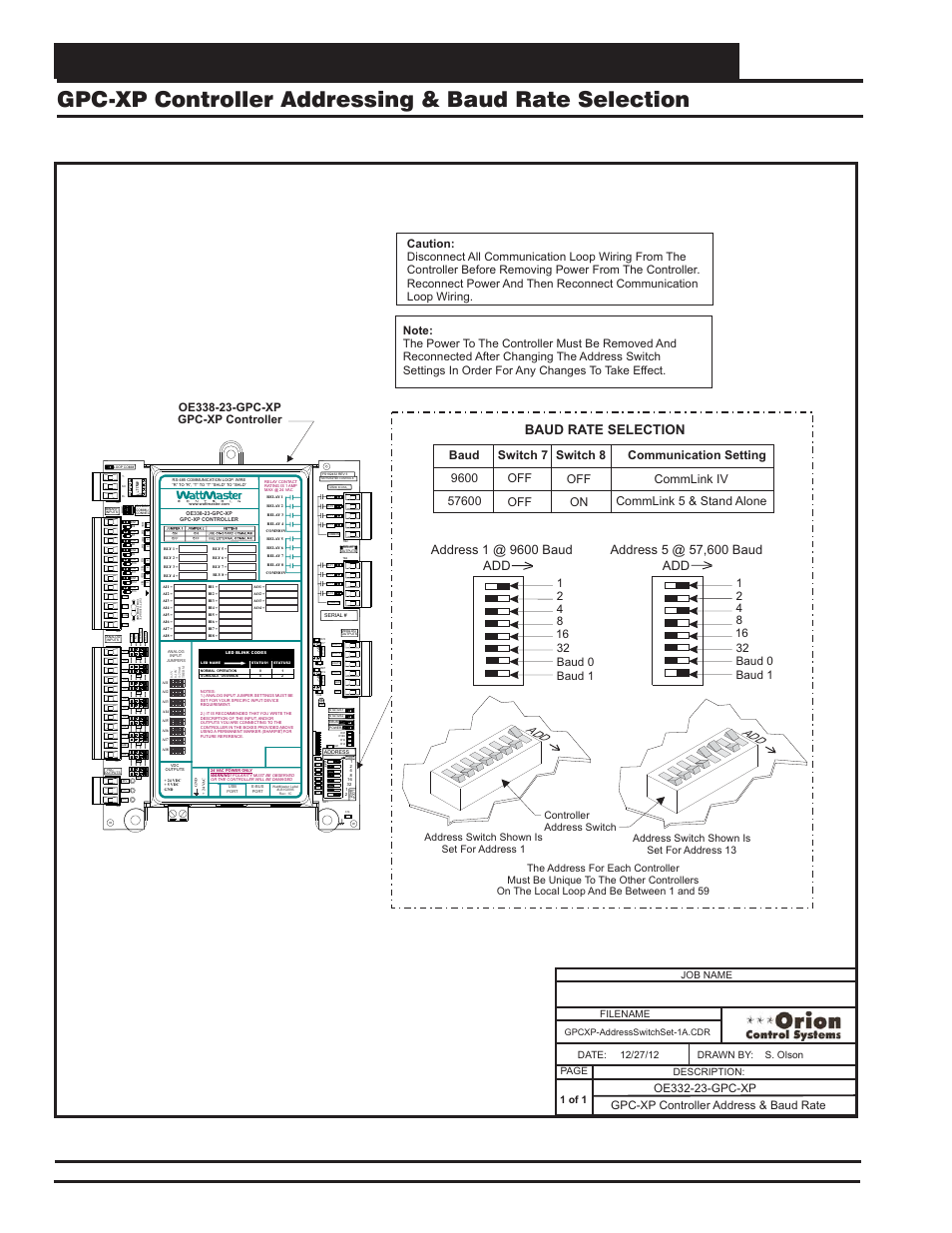Vcm-x component & systems wiring 90, Ao ut 1 -2, Baud rate selection | Gpc-xp controller address & baud rate, Gpcxp-addressswitchset-1a.cdr | Orion System VCM-X E-BUS Component User Manual | Page 90 / 128