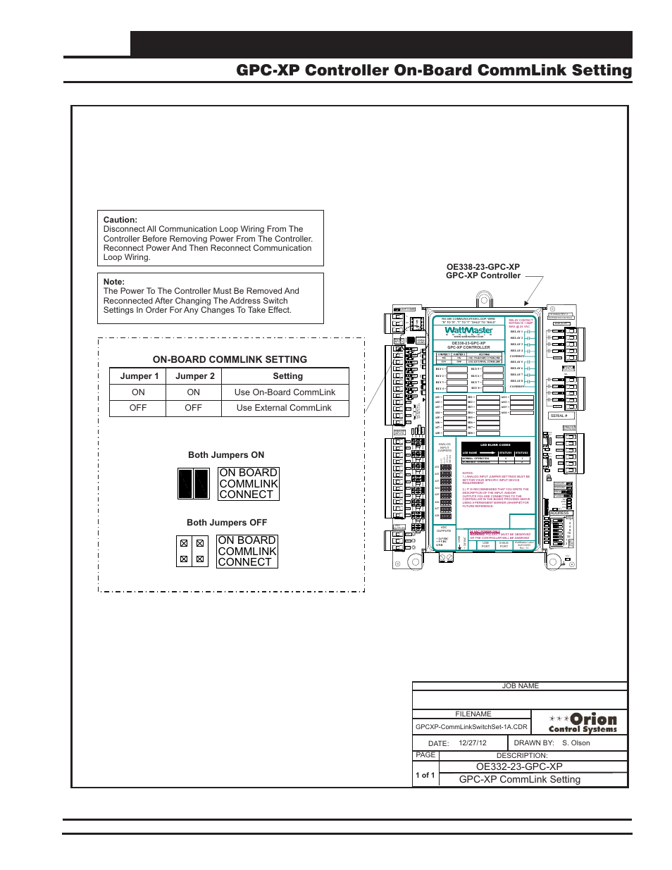 Vcm-x component & systems wiring 91, Connect on board commlink, Ao ut 1 -2 | Gpc-xp commlink setting, On-board commlink setting, Both jumpers on, Both jumpers off, Gpcxp-commlinkswitchset-1a.cdr | Orion System VCM-X E-BUS Component User Manual | Page 91 / 128