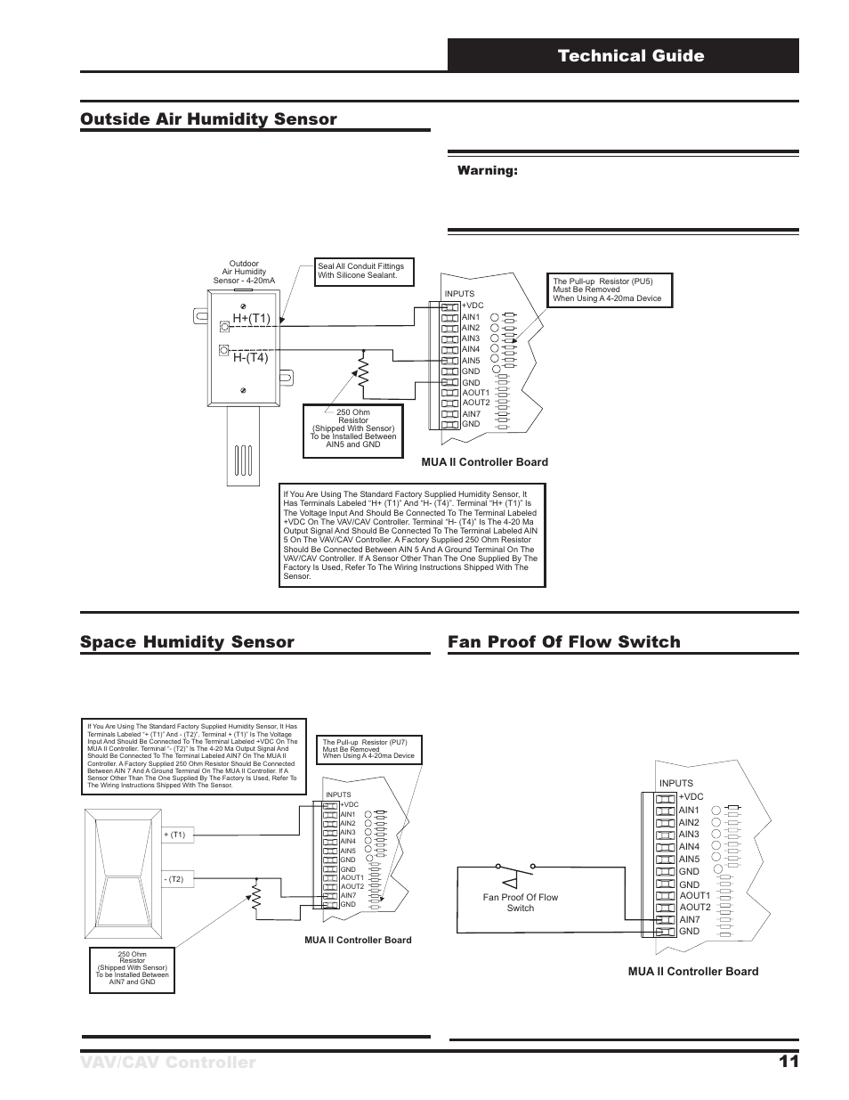 Vav/cav controller technical guide 11, Space humidity sensor, Fan proof of flow switch | Outside air humidity sensor, Figure 12: humidity, Sensor wiring, Figure 13: space humidity sensor wiring, Figure 14: fan proof of flow switch wiring | Orion System MUA II Controller User Manual | Page 11 / 24