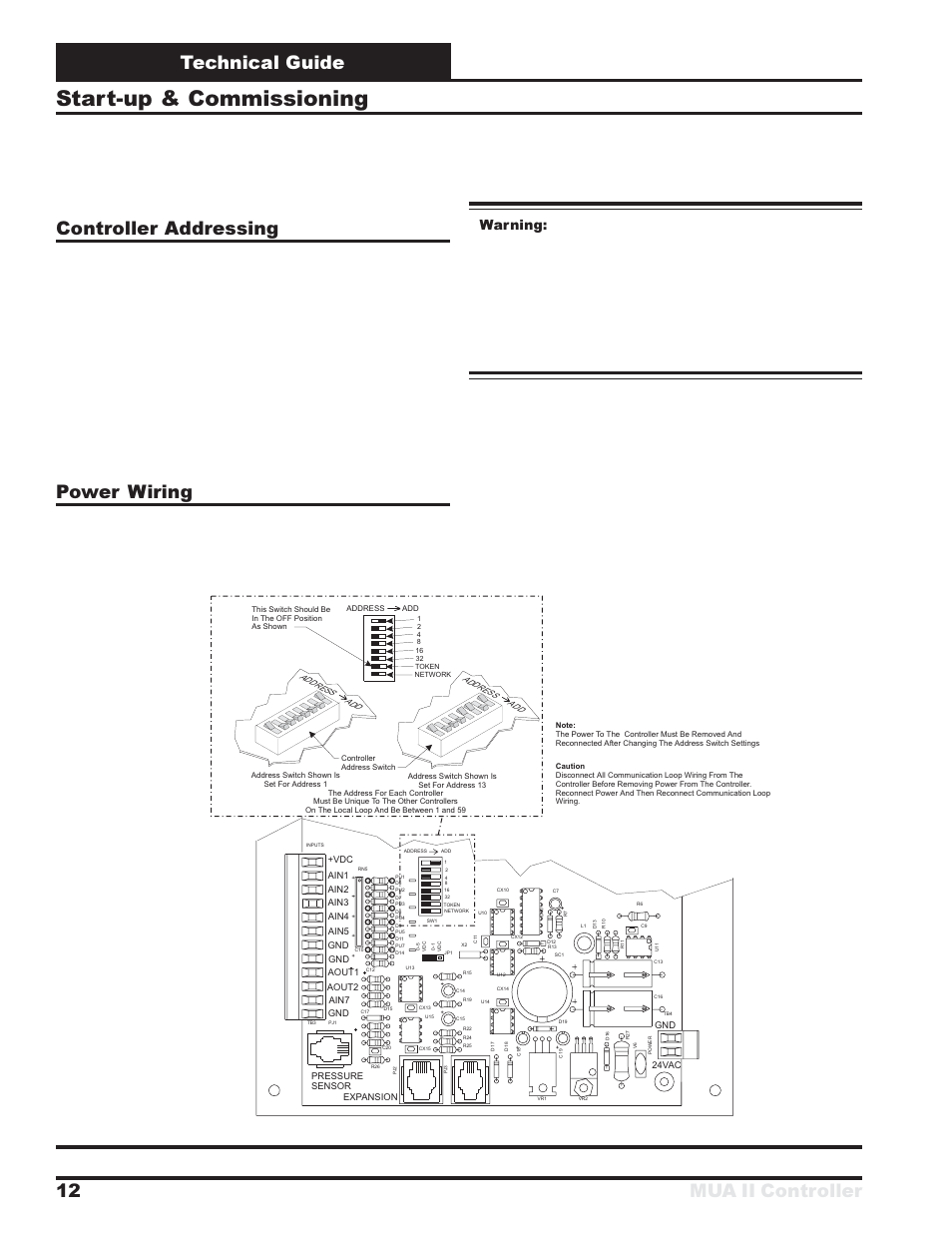 Start-up & commissioning, Technical guide mua ii controller 12, Controller addressing | Power wiring | Orion System MUA II Controller User Manual | Page 12 / 24