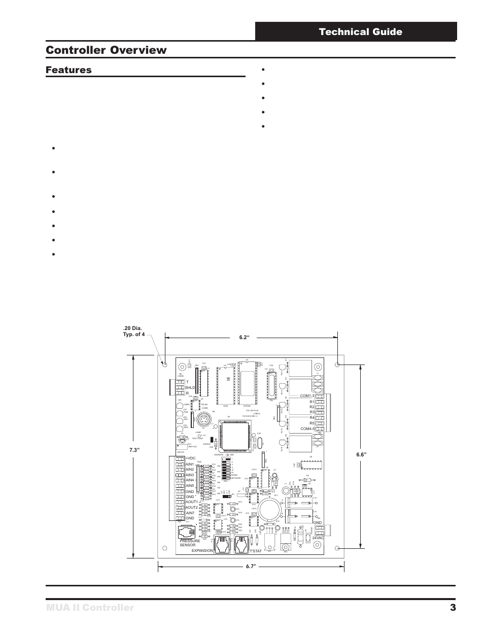 Controller overview, Mua ii controller 3 technical guide features, Figure 1: mua ii controller dimensions | Orion System MUA II Controller User Manual | Page 3 / 24