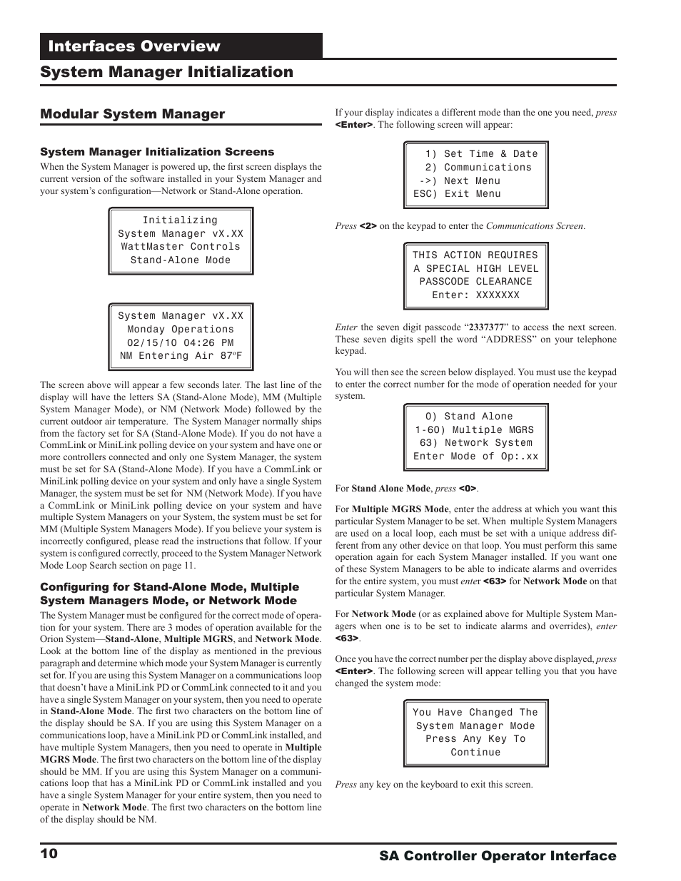 Interfaces overview, System manager initialization | Orion System SA Controller User Manual | Page 10 / 68