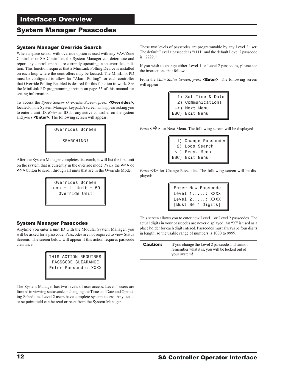 Interfaces overview, System manager passcodes, Sa controller operator interface 12 | Orion System SA Controller User Manual | Page 12 / 68