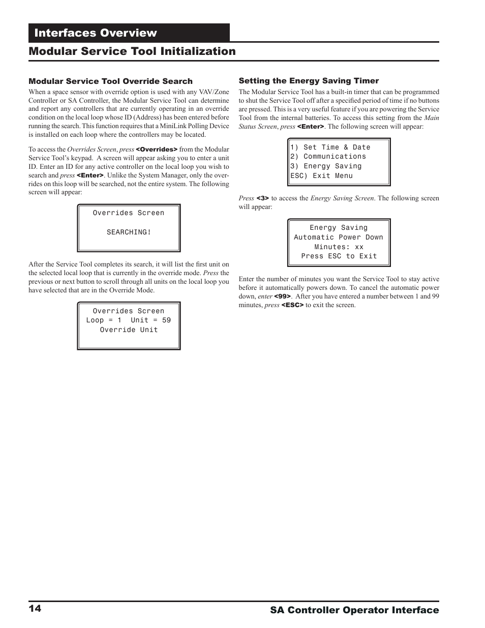 Interfaces overview, Modular service tool initialization, Sa controller operator interface 14 | Orion System SA Controller User Manual | Page 14 / 68