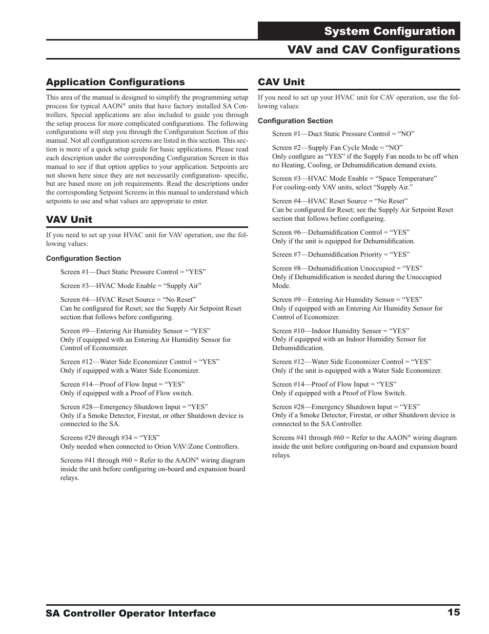System confi guration, Vav and cav confi gurations, Sa controller operator interface | Application confi gurations, Vav unit, Cav unit | Orion System SA Controller User Manual | Page 15 / 68