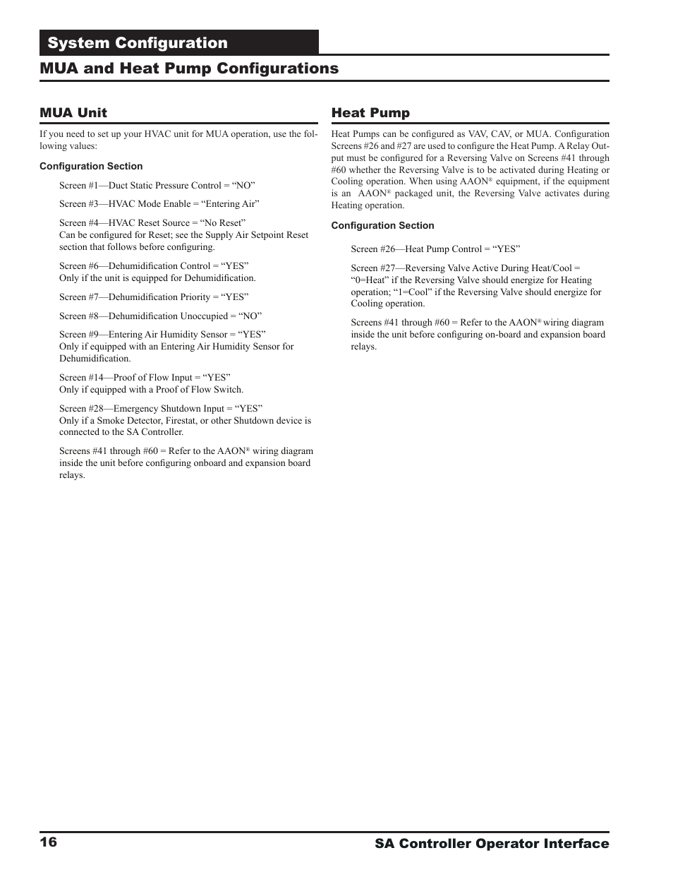 System confi guration, Mua and heat pump confi gurations, Sa controller operator interface 16 mua unit | Heat pump | Orion System SA Controller User Manual | Page 16 / 68