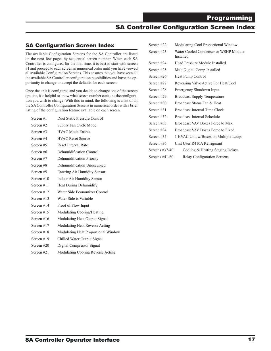 Programming, Sa controller confi guration screen index, Sa controller operator interface | Sa confi guration screen index | Orion System SA Controller User Manual | Page 17 / 68