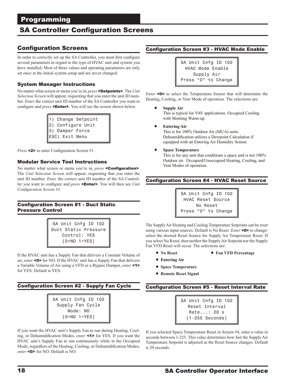 Programming, Sa controller confi guration screens | Orion System SA Controller User Manual | Page 18 / 68