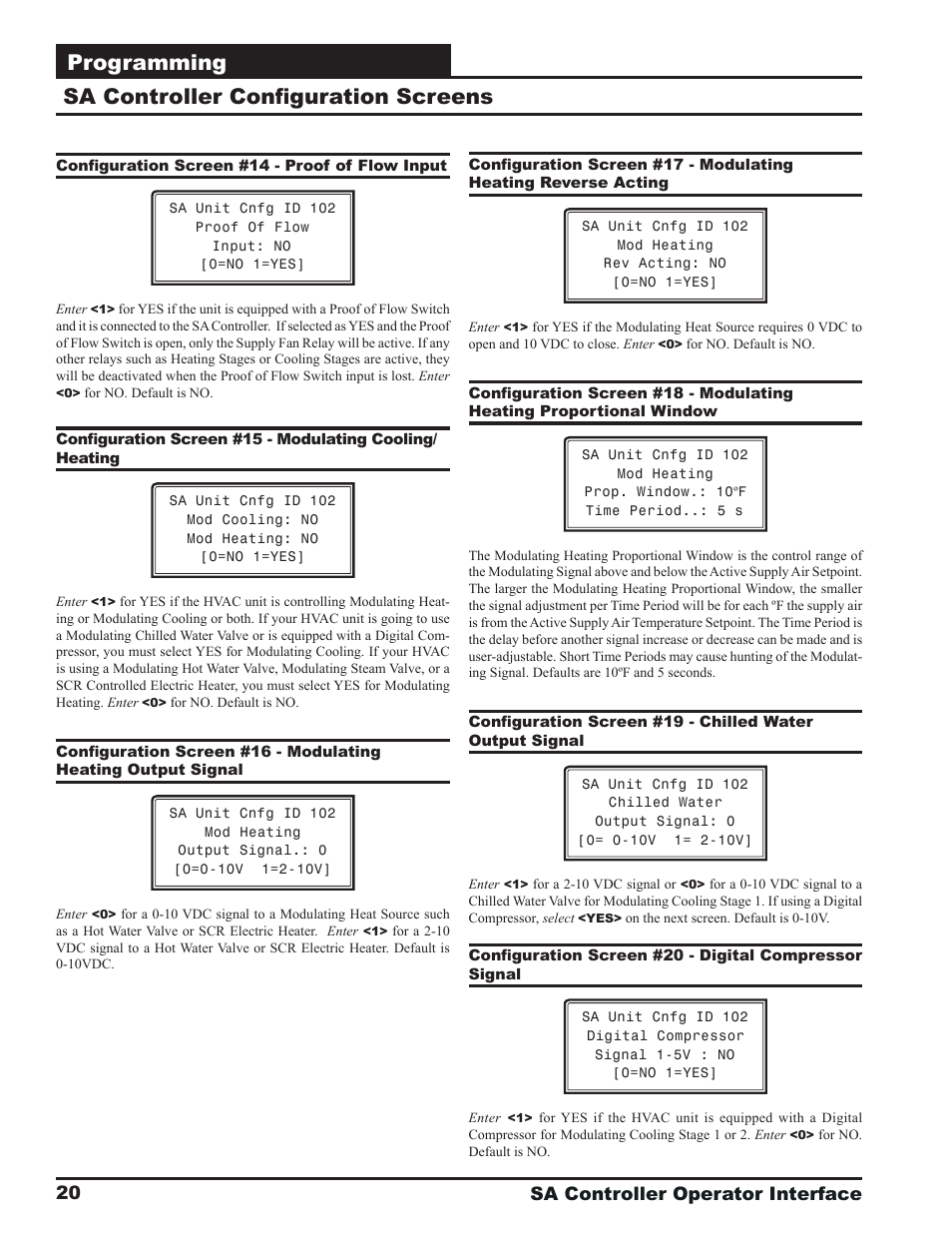 Programming, Sa controller confi guration screens, Sa controller operator interface 20 | Orion System SA Controller User Manual | Page 20 / 68