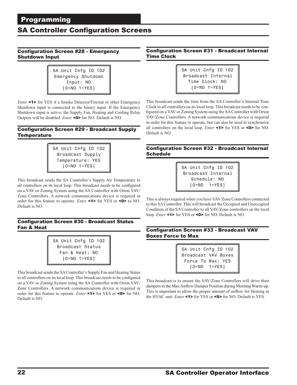 Programming, Sa controller confi guration screens, Sa controller operator interface 22 | Orion System SA Controller User Manual | Page 22 / 68