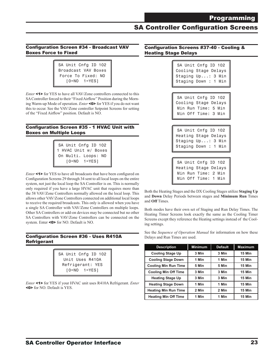 Programming, Sa controller confi guration screens, Sa controller operator interface | Orion System SA Controller User Manual | Page 23 / 68