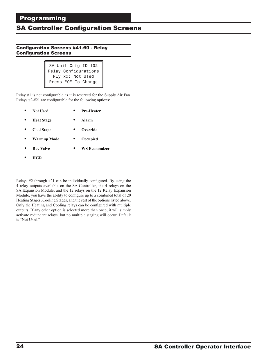 Programming, Sa controller confi guration screens | Orion System SA Controller User Manual | Page 24 / 68