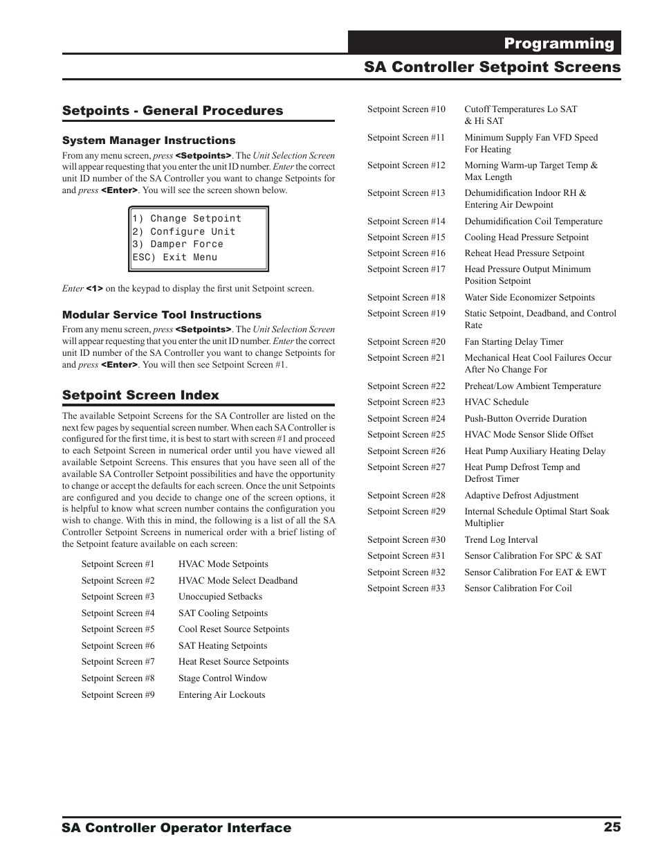 Programming, Sa controller setpoint screens, Sa controller operator interface | Setpoints - general procedures, Setpoint screen index | Orion System SA Controller User Manual | Page 25 / 68