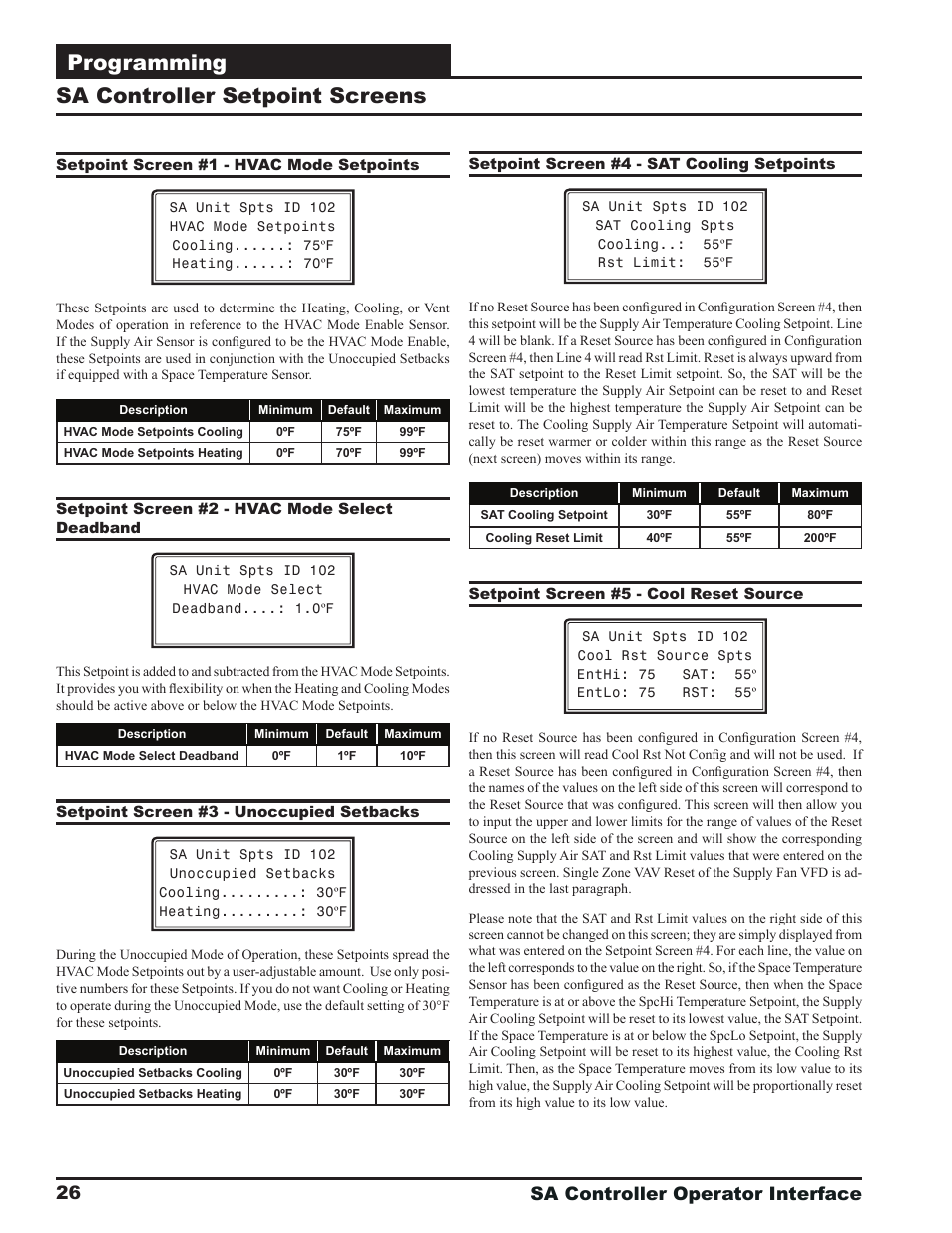 Programming, Sa controller setpoint screens, Sa controller operator interface 26 | Zone | Orion System SA Controller User Manual | Page 26 / 68