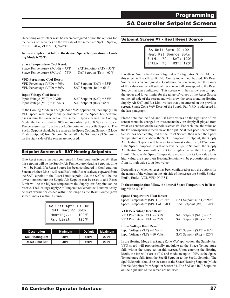 Programming, Sa controller setpoint screens, Sa controller operator interface | Orion System SA Controller User Manual | Page 27 / 68