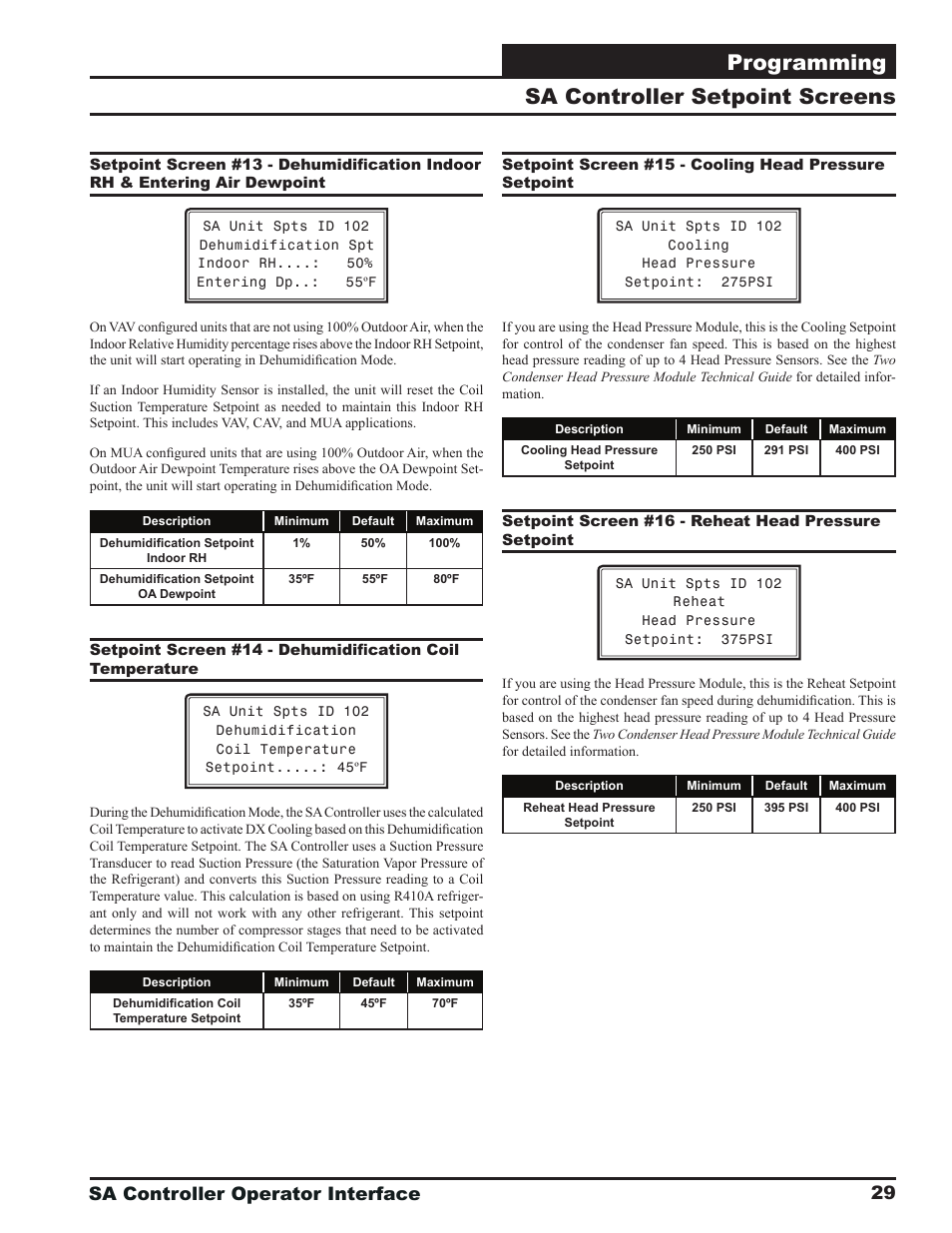Programming, Sa controller setpoint screens, Sa controller operator interface | Orion System SA Controller User Manual | Page 29 / 68
