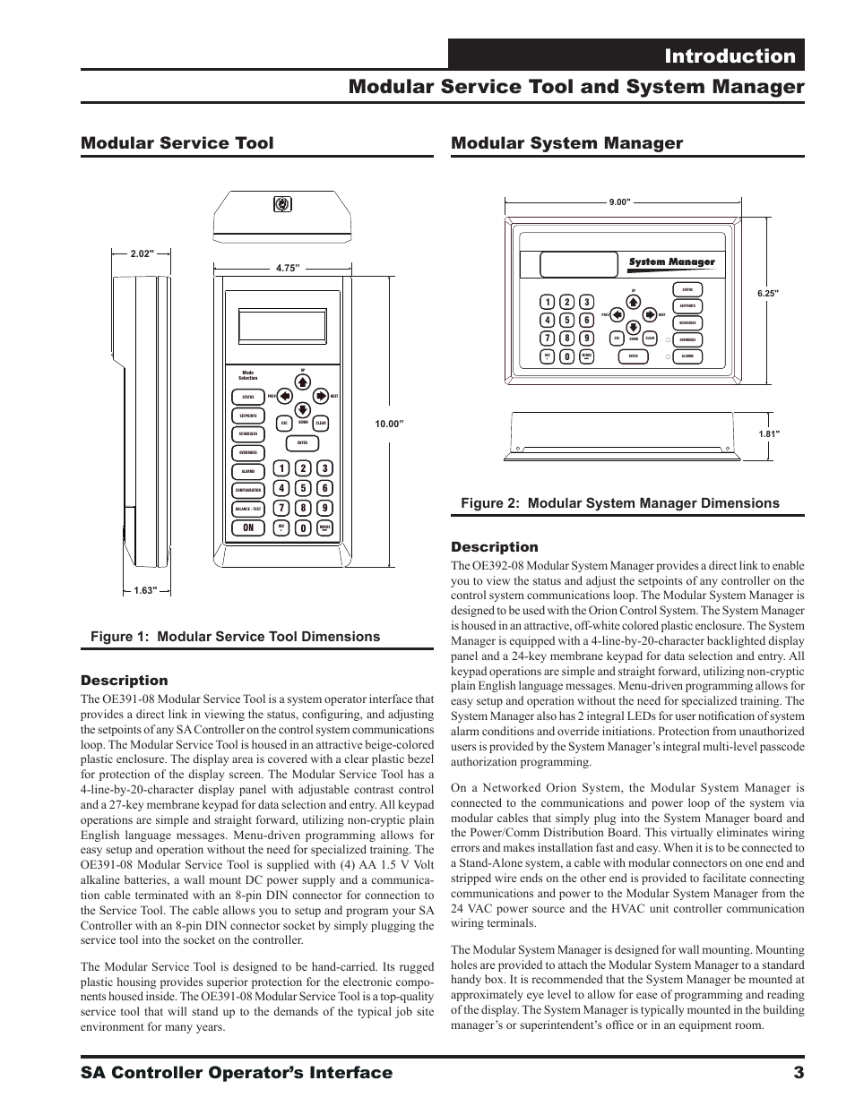 Introduction, Modular service tool and system manager, Sa controller operator’s interface 3 | Modular system manager, Modular service tool | Orion System SA Controller User Manual | Page 3 / 68