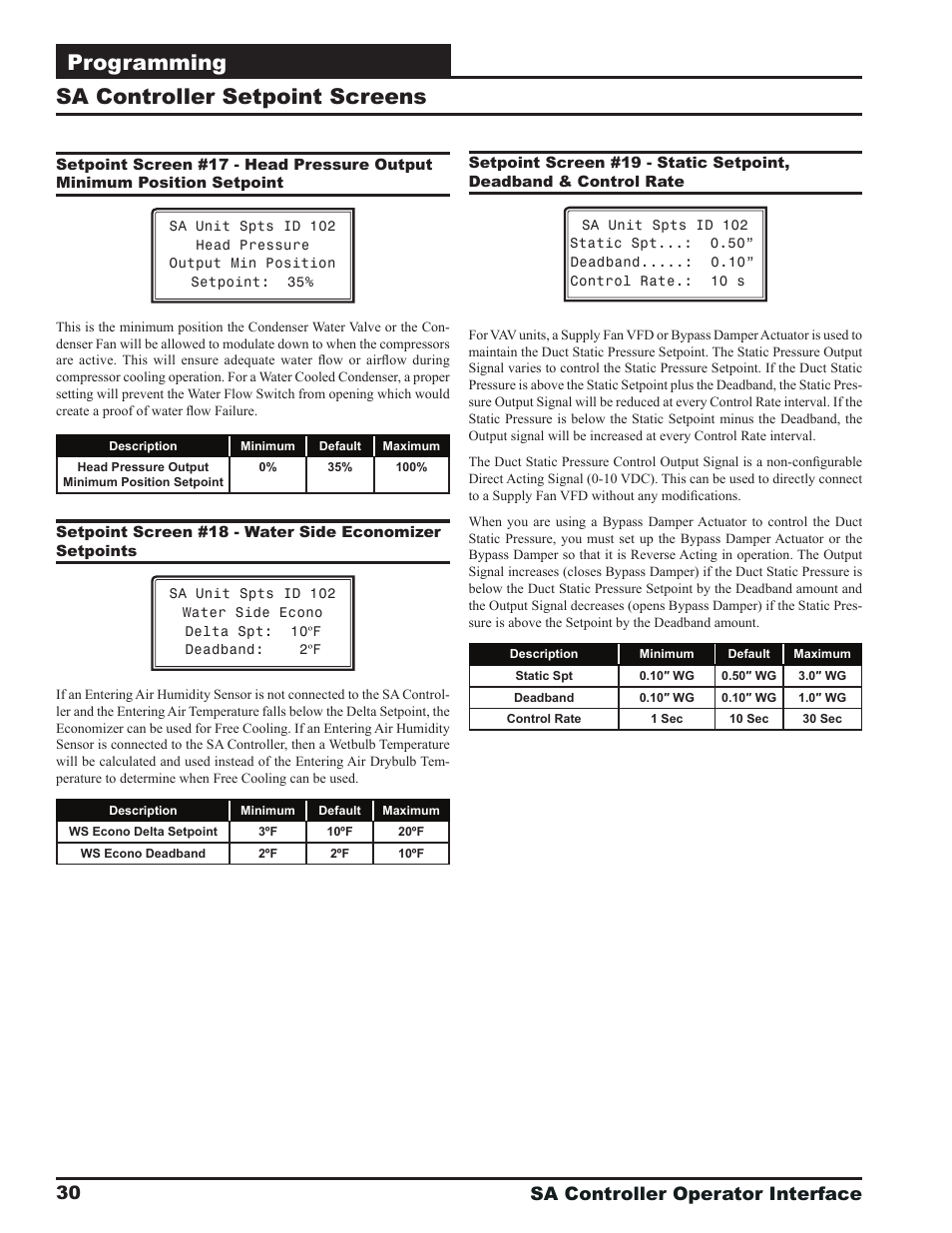 Programming, Sa controller setpoint screens, Sa controller operator interface 30 | Zone | Orion System SA Controller User Manual | Page 30 / 68