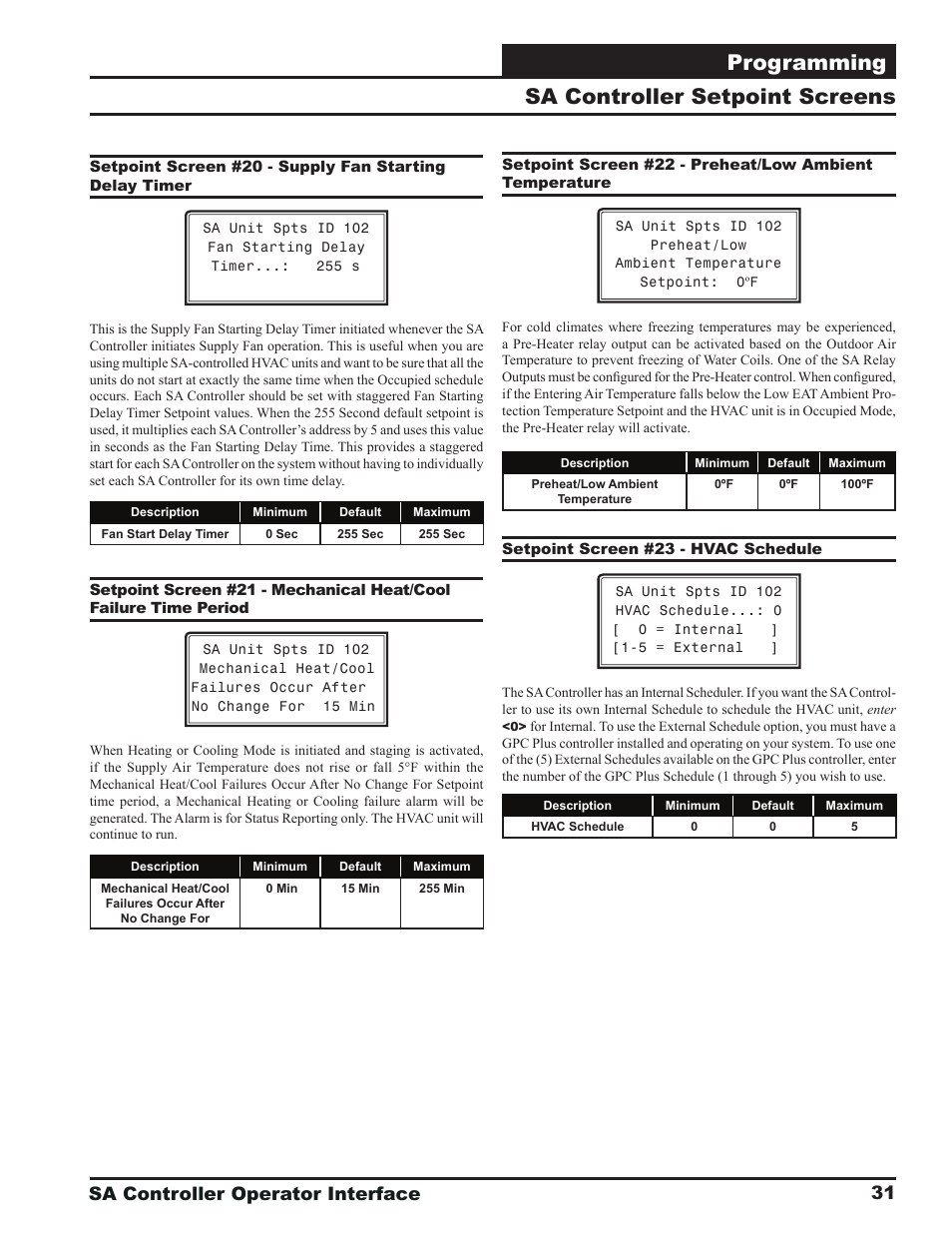 Programming, Sa controller setpoint screens, Sa controller operator interface | Orion System SA Controller User Manual | Page 31 / 68