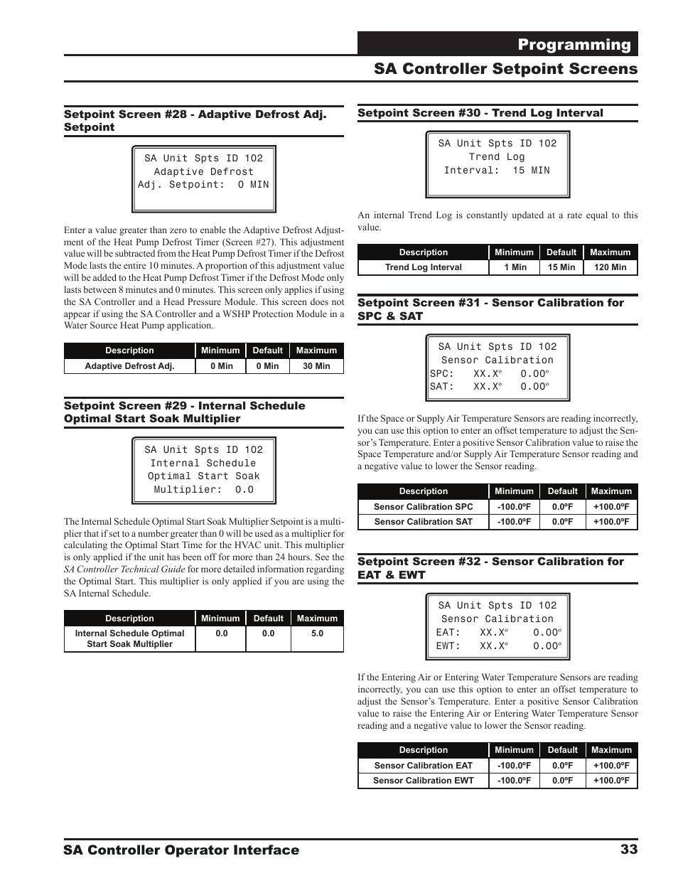Programming, Sa controller setpoint screens, Sa controller operator interface | Orion System SA Controller User Manual | Page 33 / 68