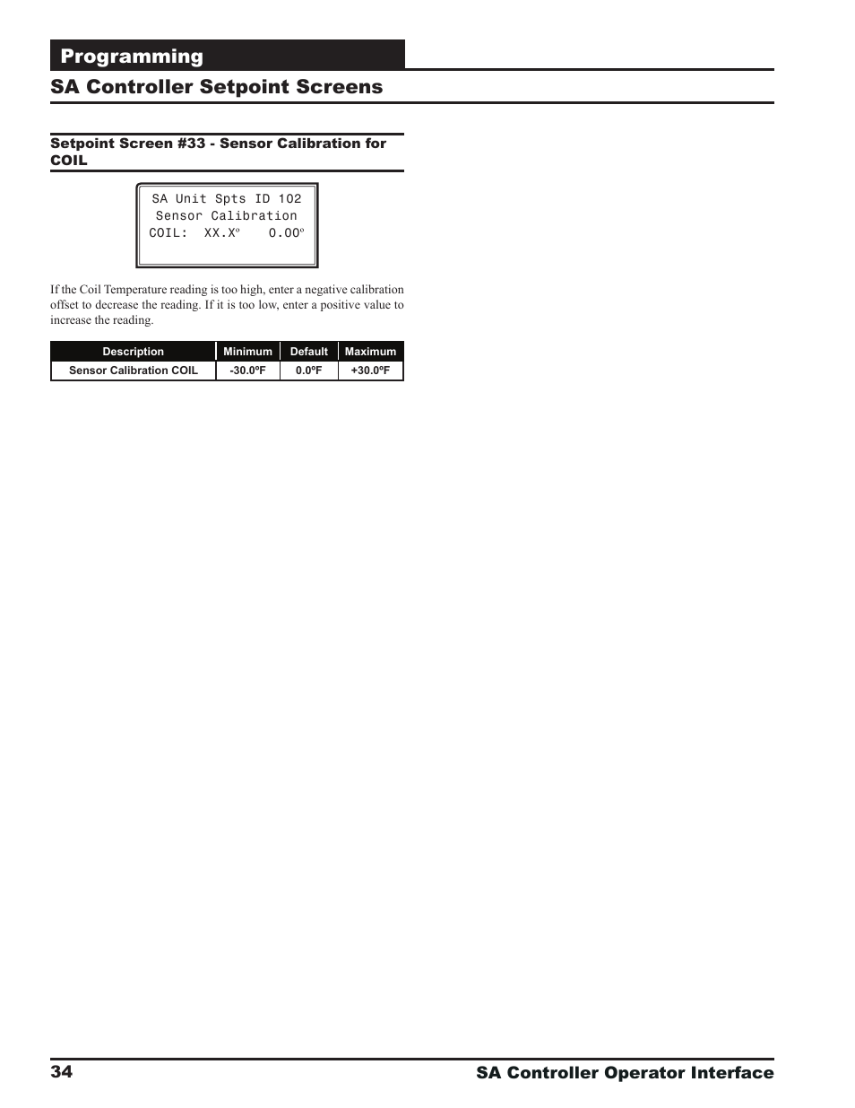 Programming, Sa controller setpoint screens | Orion System SA Controller User Manual | Page 34 / 68