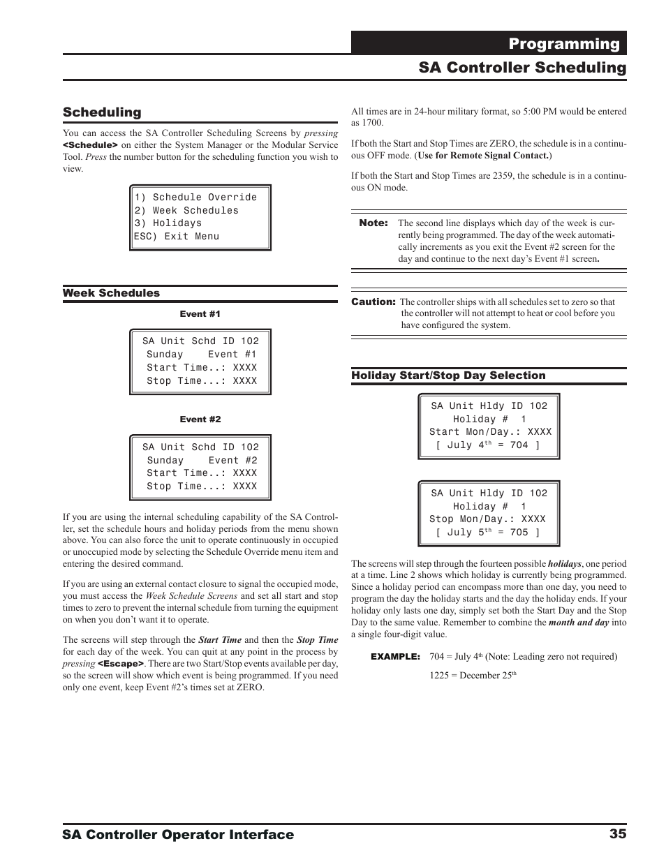 Programming, Sa controller scheduling, Sa controller operator interface | 35 scheduling | Orion System SA Controller User Manual | Page 35 / 68