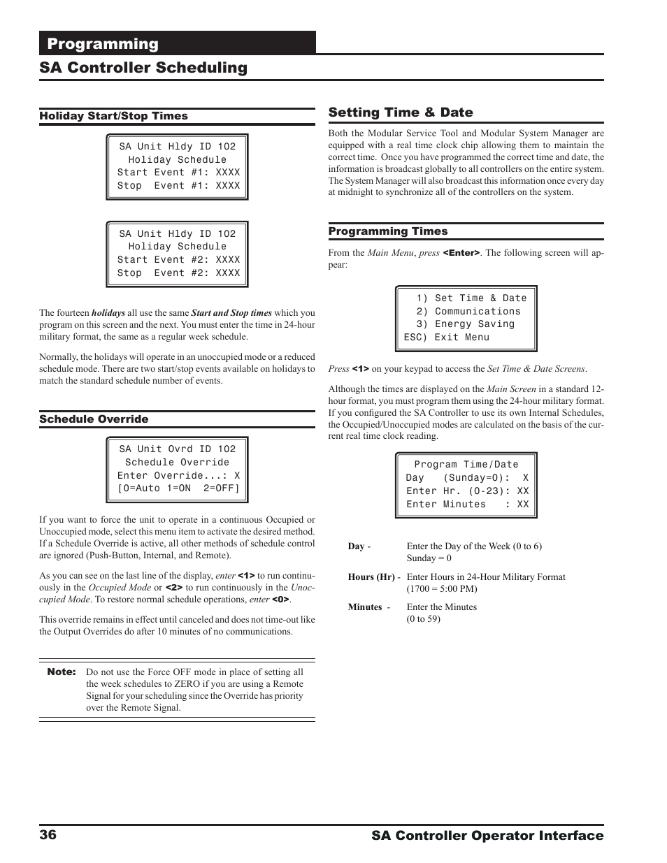 Programming, Sa controller scheduling, Sa controller operator interface 36 | Setting time & date | Orion System SA Controller User Manual | Page 36 / 68