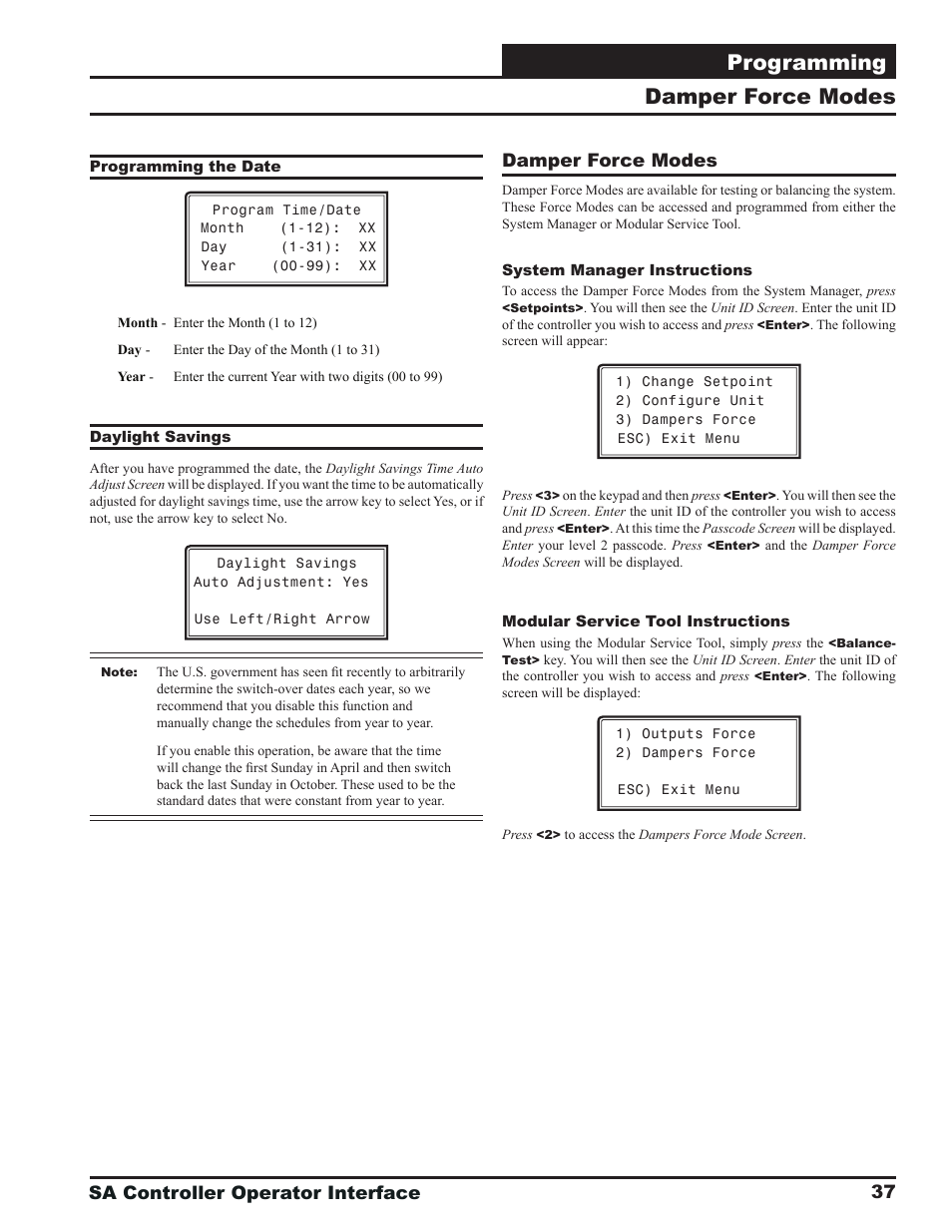 Programming, Damper force modes, Sa controller operator interface | Orion System SA Controller User Manual | Page 37 / 68