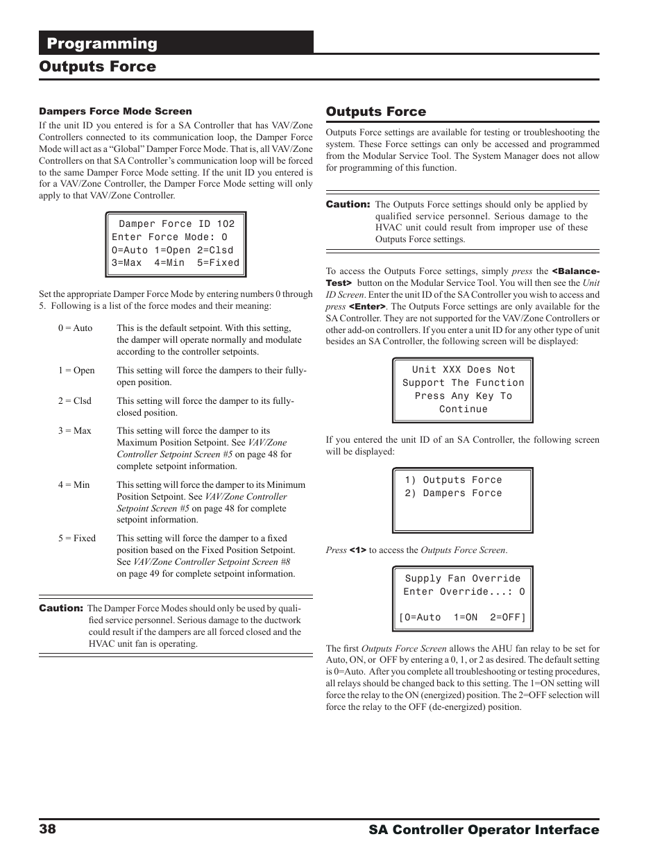 Programming, Outputs force, Sa controller operator interface 38 | Orion System SA Controller User Manual | Page 38 / 68