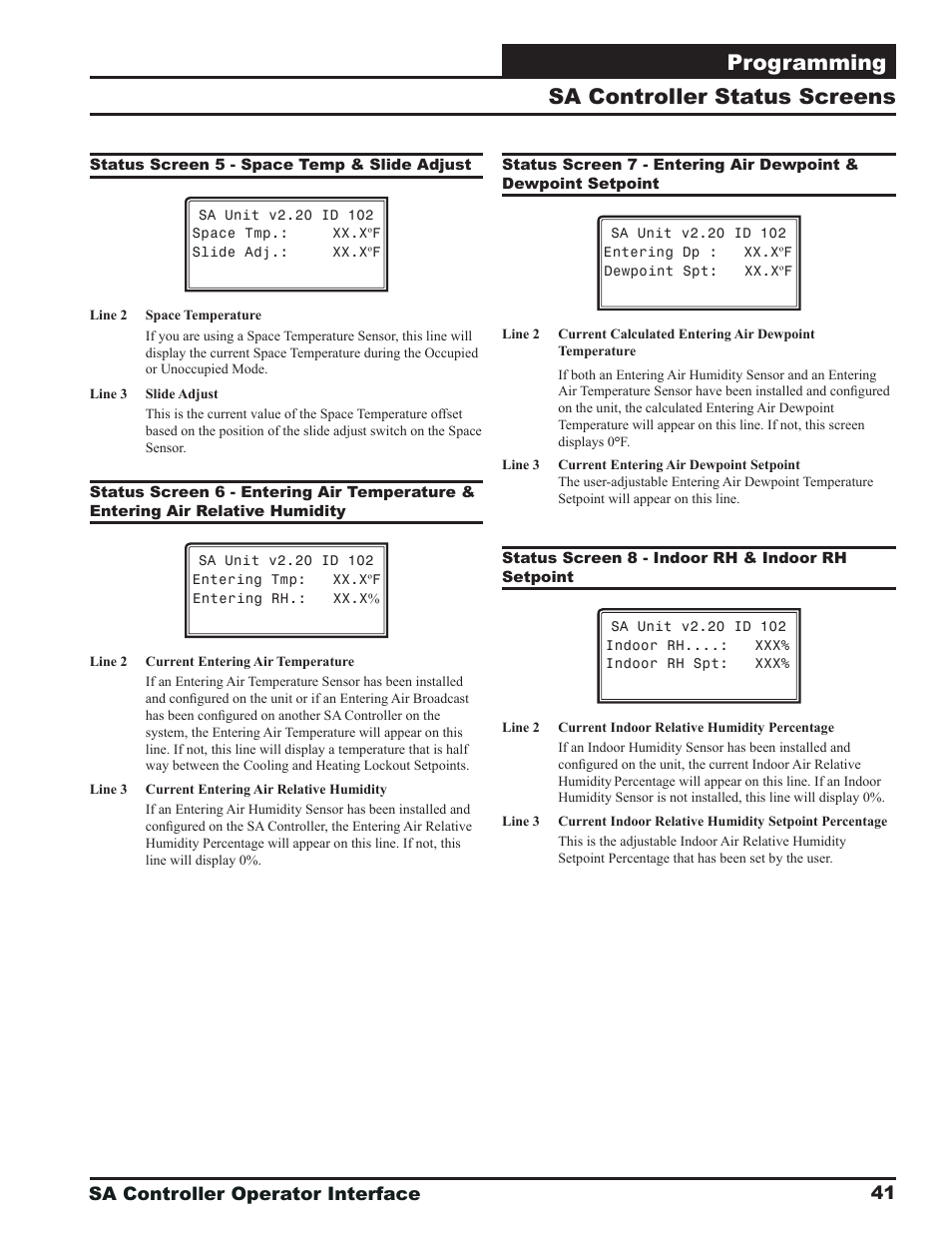 Programming, Sa controller status screens, Sa controller operator interface | Orion System SA Controller User Manual | Page 41 / 68