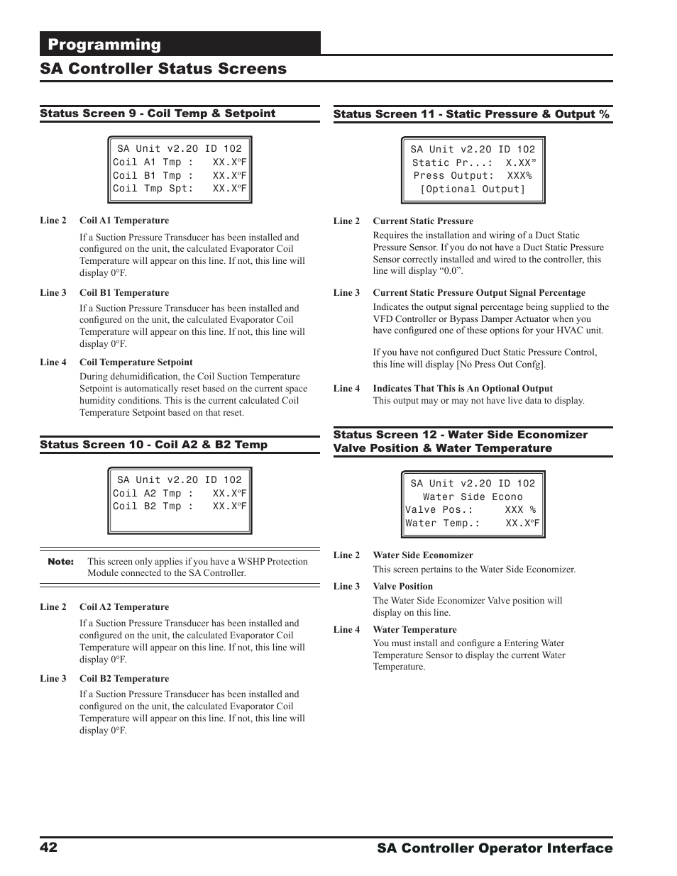 Programming, Sa controller status screens, Sa controller operator interface 42 | Orion System SA Controller User Manual | Page 42 / 68