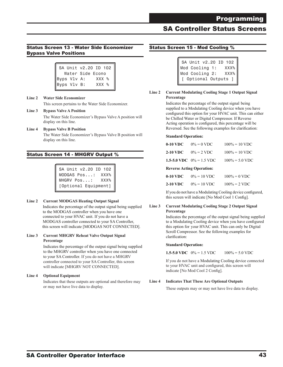 Programming, Sa controller status screens, Sa controller operator interface | Orion System SA Controller User Manual | Page 43 / 68