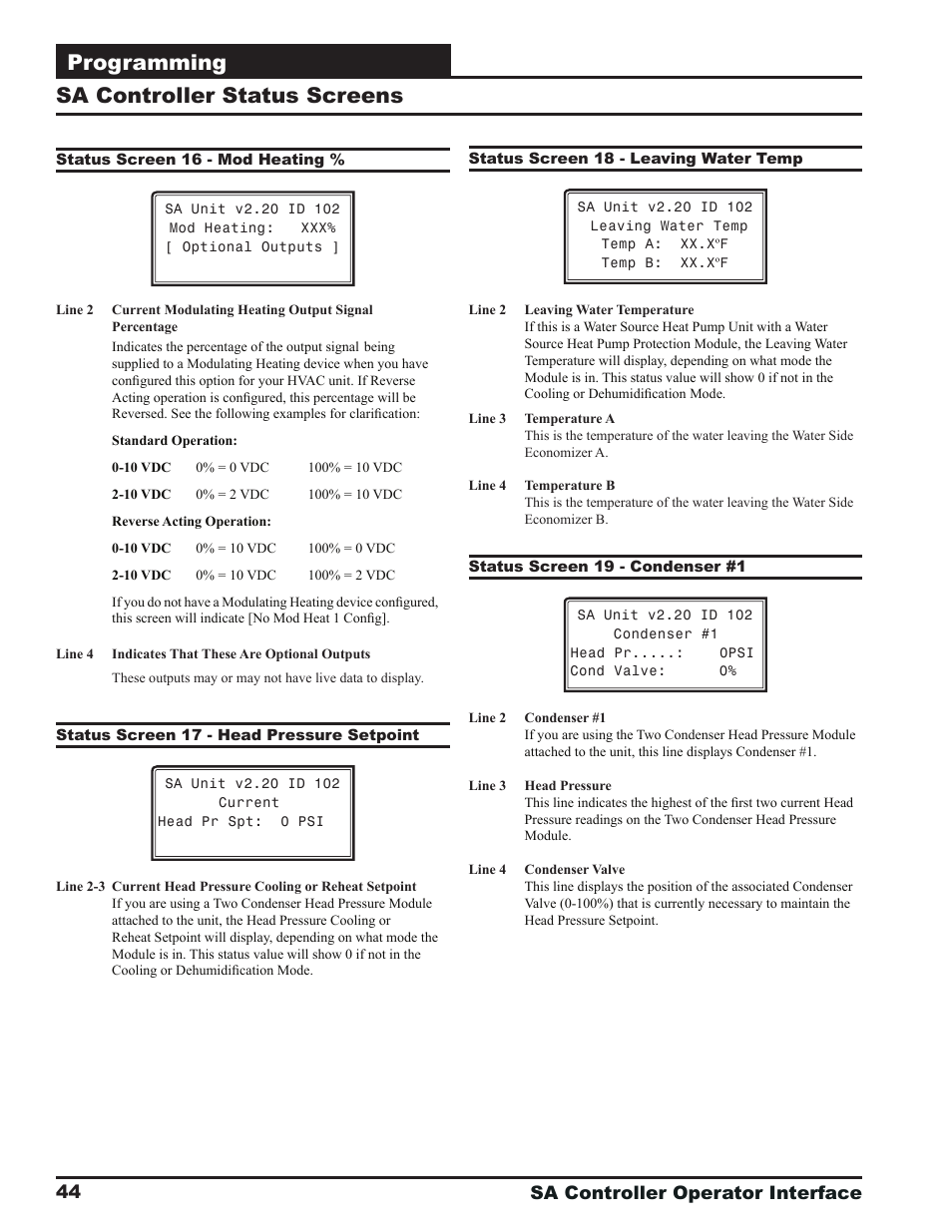 Programming, Sa controller status screens, Sa controller operator interface 44 | Orion System SA Controller User Manual | Page 44 / 68