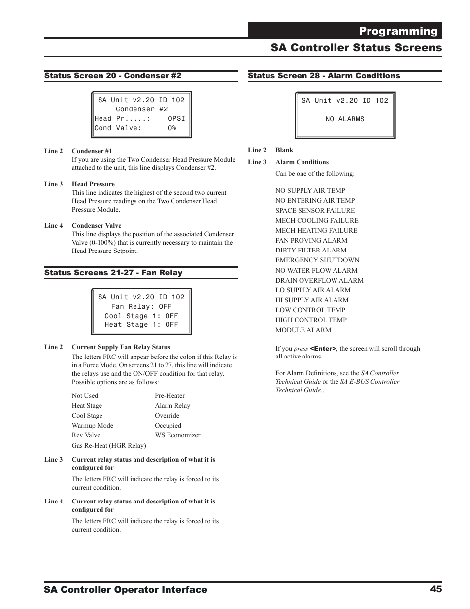 Programming, Sa controller status screens, Sa controller operator interface | Orion System SA Controller User Manual | Page 45 / 68