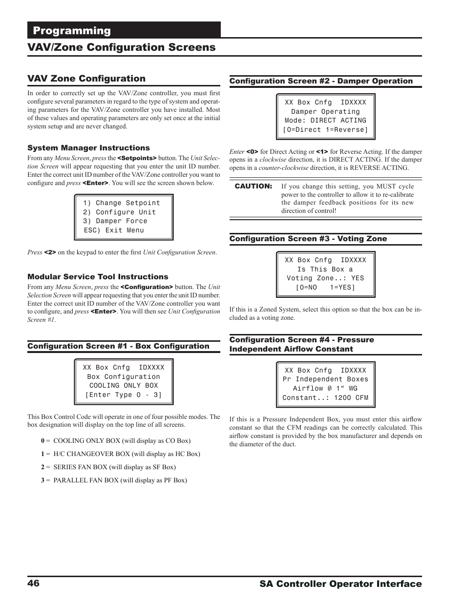 Programming, Vav/zone confi guration screens, Sa controller operator interface 46 | Vav zone confi guration | Orion System SA Controller User Manual | Page 46 / 68
