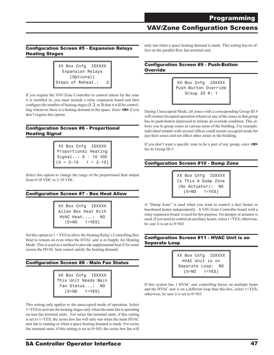 Programming, Vav/zone confi guration screens | Orion System SA Controller User Manual | Page 47 / 68