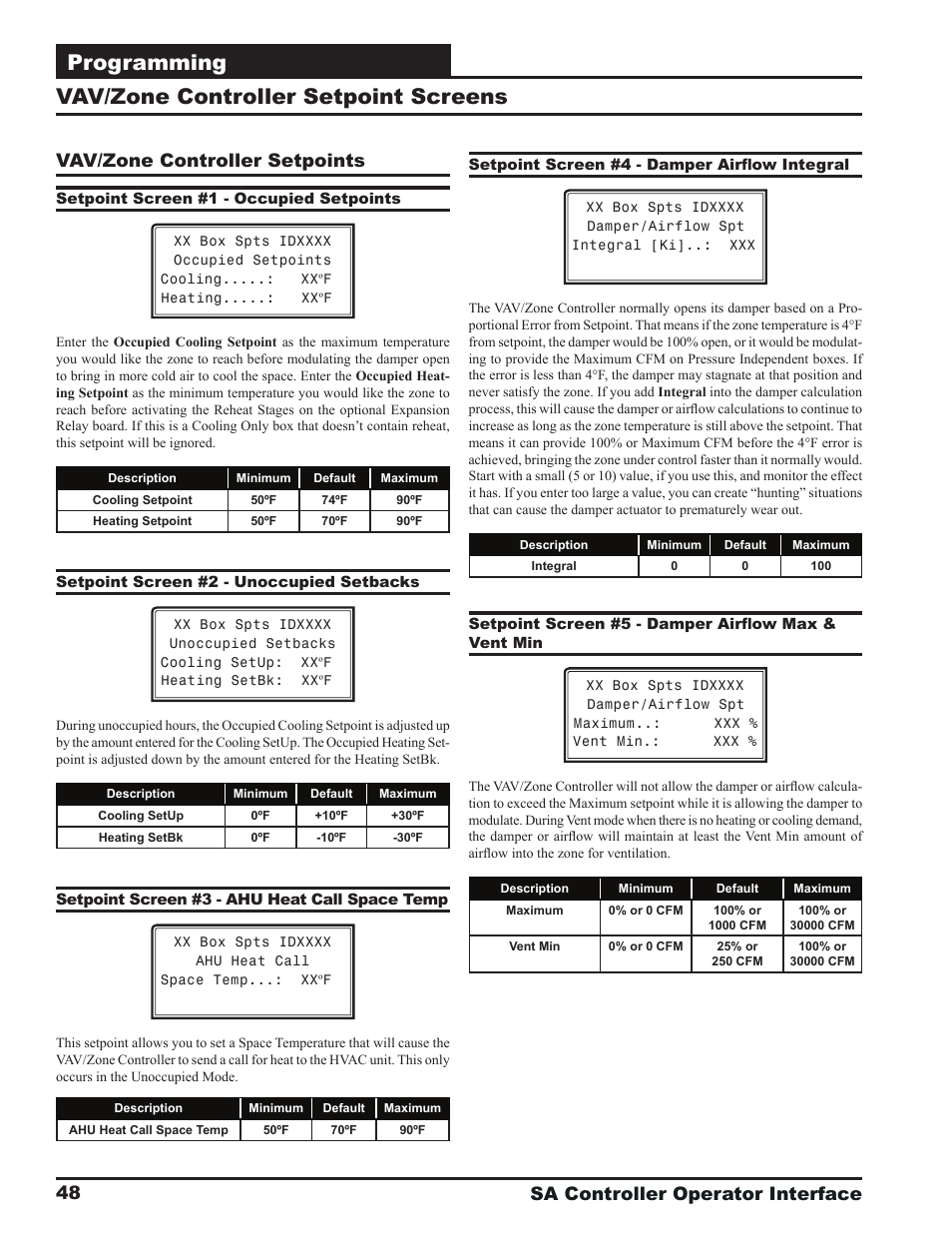 Programming, Vav/zone controller setpoint screens, Sa controller operator interface 48 | Vav/zone controller setpoints, Zone | Orion System SA Controller User Manual | Page 48 / 68